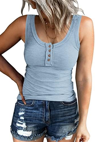 Kissfix Women Tank Tops Summer Casual Ribbed Sleeveless Basic Cami Top Slim Henley Button Down Blouses