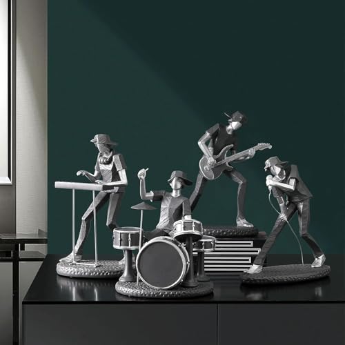 Image of Set of 4 Musicians Showpieces | Modern Black & Silver Band Figurines | Singer, Guitarist, Drummer & Keyboard Player Decorative Sculptures for Home, Office, Studio & Gifting