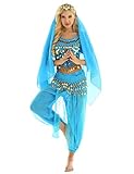 XUNZOO 4 Pcs Indian Dance Costumes Set Women Bollywood Dress Halloween Belly Dance Performance Outfit Lake Blue One Size