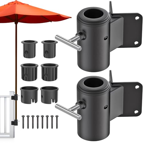 Dolibest Terrassenschirm Klemmen Wand, Sonnenschirmhalter Balkongeländer Rohr Klammer Ampelschirm Geländer Befestigung Ständer 2er Schirmhalterung 3 Reduzierhülse für 3-5cm Stangen auf Rechtwinklige