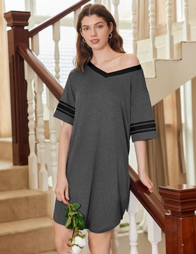 Ekouaer Nightgowns for Women 2 Pack Sleepshirts Short Sleeve Nightshirt V Neck Sleepwear Casual Pajama Dress3