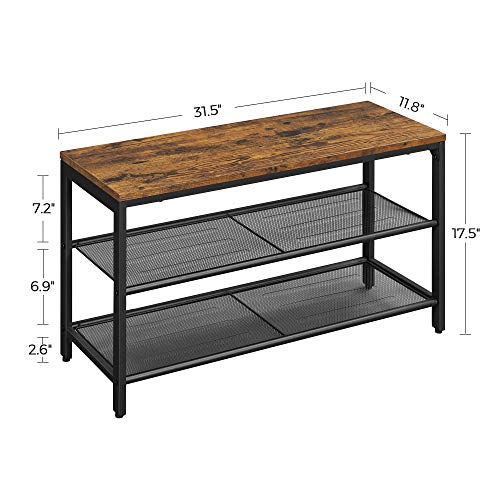 VASAGLE Shoe Bench, Shoe Rack with 2 Mesh Shelves, Shoe Storage Organizer for Entryway Hall, Metal, Industrial, Rustic Brown and Black ULBS74X