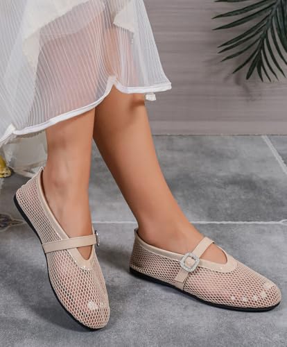 Mesh Ballet Flats for Women Buckle Strap Comfy Round Toe Fishnet Ballerina Flat Shoes Mary Jane Flats Causal Daily Dress Shoes3