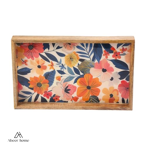 Image of Premium Wooden Rectangular Tray - 16 x 10 Inches | Tropical Leaf Pattern with Raised Edges | Durable Wood Rectangular Breakfast Tray | Wooden Serveware Trays for Tea, Snacks & Sweets, Home & Dining