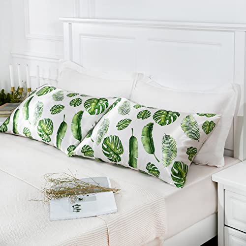 Image of MR&HM Satin Pillowcase for Hair and Skin, Silk Satin Pillowcase 2 Pack, King Size Pillow Cases Set of 2, Silky Pillow Cover with Envelope Closure (20x36, Leaves)
