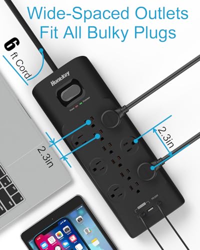 Regleta Protector de Sobretensión Huntkey SMD127C con 12 Tomacorrientes, 2 USB A y Carga Rápida USB C de 20W, Cable de Extensión de 1.8 m con Enchufe Plano miniatura 6
