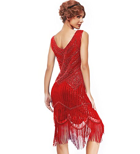 xs-XXL Women's Roaring 20s V-Neck Gatsby Dresses- Vintage Inpired Sequin Beaded Flapper Dresses (XS, red-1)
