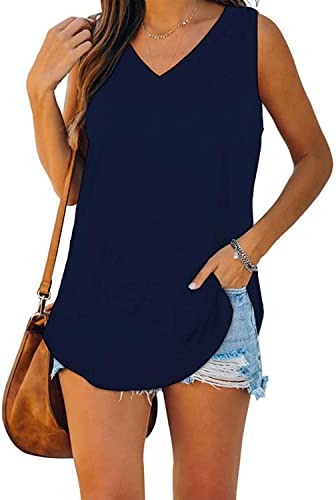 Shamzbest Tank Tops For Women Summer Loose Fitting V Neck Sleeveless Shirts Navy Blue X-Small #TOP1
