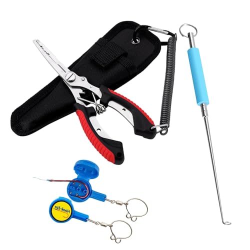 4Pcs Stainless Steel Fishing Multi-tool Set with Split Ring Pliers, Fish Hook Unloader and Unhooking Device, Line Cutter & Lanyard – Durable Angling Accessories for Freshwater & Saltwater Fishing