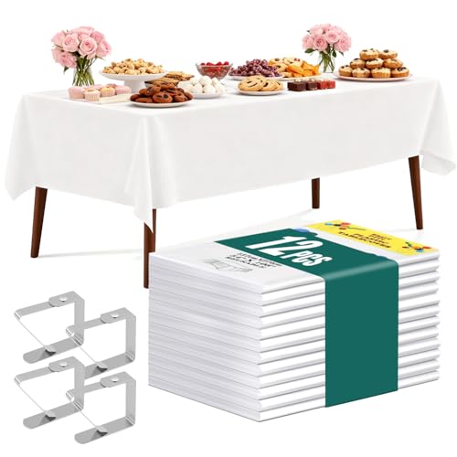 XEIYEI Nappes Jetable Nappe Rectangulaire Blanche 137 x 274 CM Nappes Plastique Imperméable avec Pinces de Table pour Fêtes Pique Nique (Blanc)