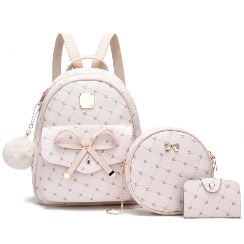 Image of I IHAYNER Girls Bowknot 3-Pieces Fahsion Leather Backpack Backpack Purse for Women Rucksack for Ladies Shoulder Bag