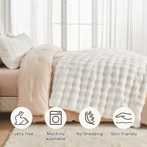 Image of EMME Faux Fur Blanket King Size White - Big Bubble Rabbit Cozy Blanket for Couch, Thick Furry Plush Shaggy Blankets, 650GSM, 108x90 Inches