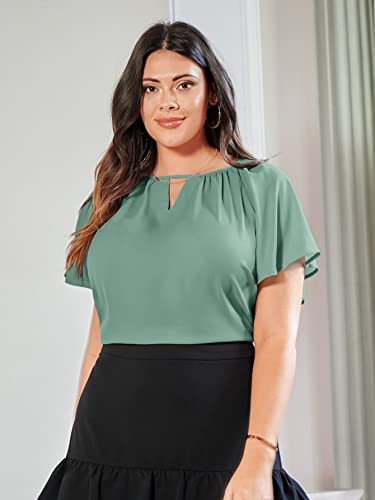 Milumia Women Plus Size Casual Cut Out Keyhole Flutter Sleeve Round Neck Blouse Tops Green Xx-Large Plus #TOP3