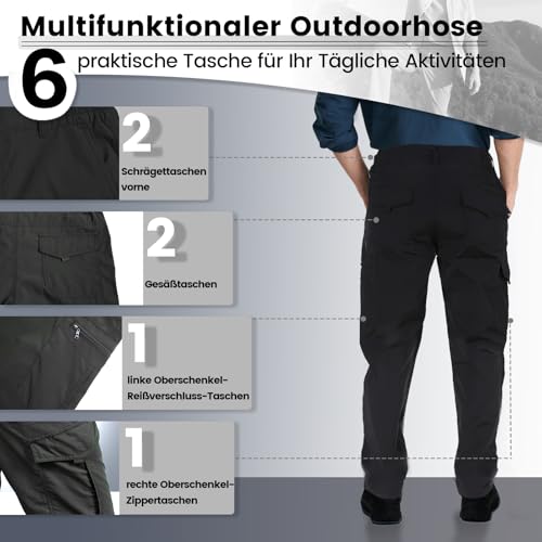 Aimato Wanderhose Herren wasserabweisend, Cargohose mit 6 Multifunktionstaschen, Teilweise Elastische Taille Outdoorhose, Arbeitshose für Trekking, Wandern, Camping, Reisen