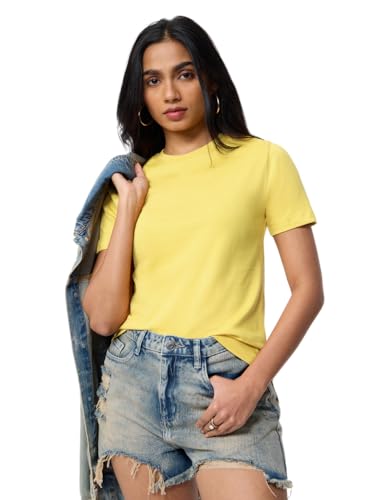 Image of The Souled Store Casual Classics: Women and Girls Short Sleeves Spread Collar Solid Cotton Regular Fit Breathable Lightweight Trendy Everyday T-Shirt