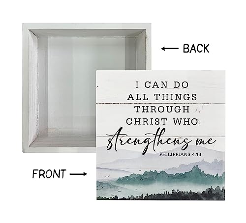 Christian Wood Signs, Bible Verse Philippians 4:13 - I Can Do All Things Through Christ Who Strengthens Me, Box Sign Decor Tabletop, Inspirational Home Desk Decor, Motivational Gift for Friends Family
