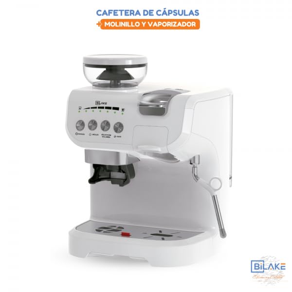 Bilake Cafetera Blanca | Espumador de Leche | Cafetera automática con Molinillo | Espreso y capsulas Compatible nespreso y Dolce Gusto