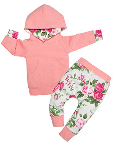 Newborn Baby Girls Clothes Cute Infant Baby Girl Solid Hoodie + Floral Pant Outfit 2PC Set 0-6 Months
