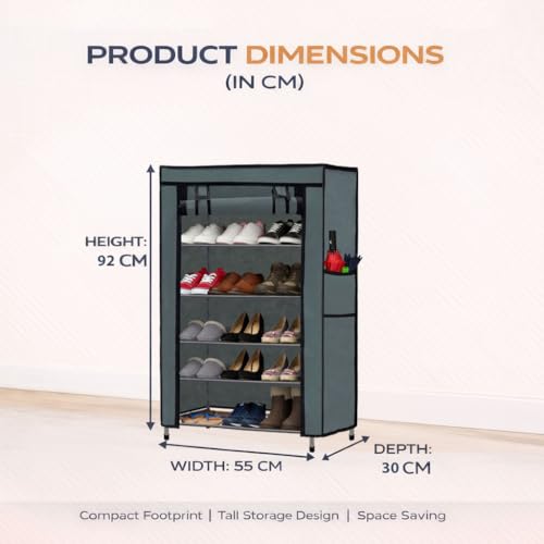 Image of Metal Shoe Stand with Cover, 5 Tier Shoe Organizer for Home & Office - Grey