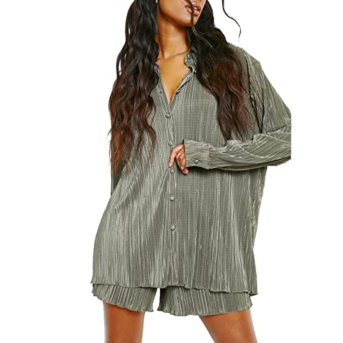 Nufiwi Women 2 Piece Pleated Pants Set Long Sleeve Button Down Shirt Blouse Top Wide Leg Pants Outfits Y2K Fashion Streetwear(Ruffle Light Green,Small) #TOP1