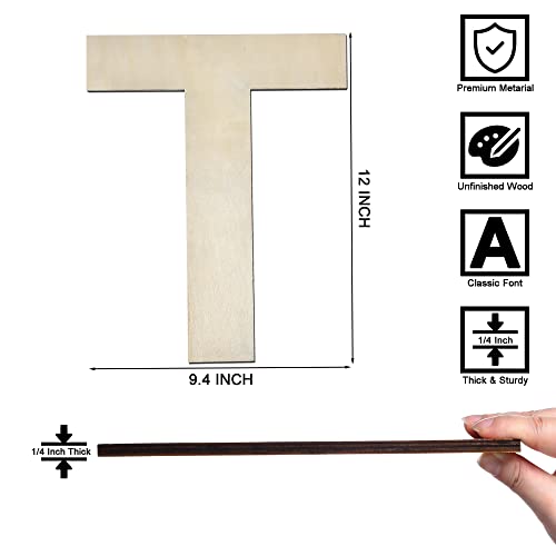 12 Inch Wooden Letter T, 1/4 Inch Thick Large Unfinished Wood Letter for Home Wall Decor, DIY Crafts