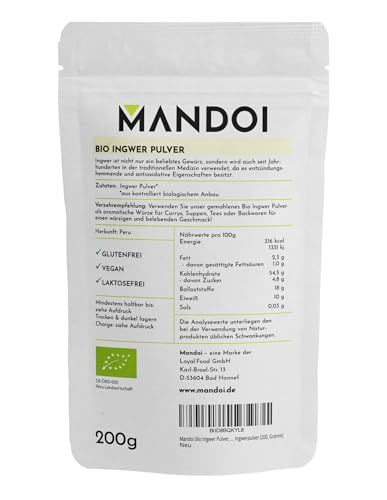 Mandoi Bio Ingwer Pulver 1KG, hochwertiges Ingwerpulver von der Ingwerwurzel aus biologischem Anbau. Ingwertee