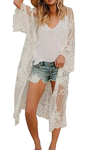 FSMO Damen Cardigan Lange Kleid Spitze Blumen Sommer Kimono Pareo Bikini Cover Up Leichte Jacke Strandkleid (Einheitsgröße, Weiß#A)