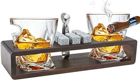 Bezrat Old Fashioned Whiskey Glasses With Side Mounted Holder Gift Set - + Whisky Chilling Stones and accessories on Wooden Tray - Scotch Bourbon Glasses – Granite Chilling Rocks Brown
