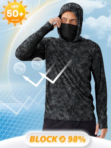 Image of PINSPARK Men's Sun Protection Hoodie with Mask UPF 50+ UV Long Sleeve Shirt Men Rash Guard Performance Fishing Hiking Shirt