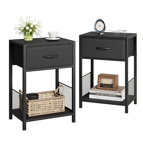 YAUKOMEL Black Nightstand Set of 2,End Table with Fabric Drawer,Side