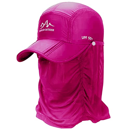 Fishing Cap Sun Hat Face Cover For Men Women Summer Quick Dry Fishing Hat Removable Neck Flap For Outdoor Sports Rose Red #TOP18