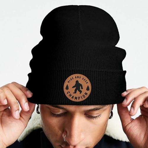 Image of Big Foot Beanie Hat, Sasquatch Leather Patch Winter Knit Skull Cap Bigfoot Gifts for Adult Men Women