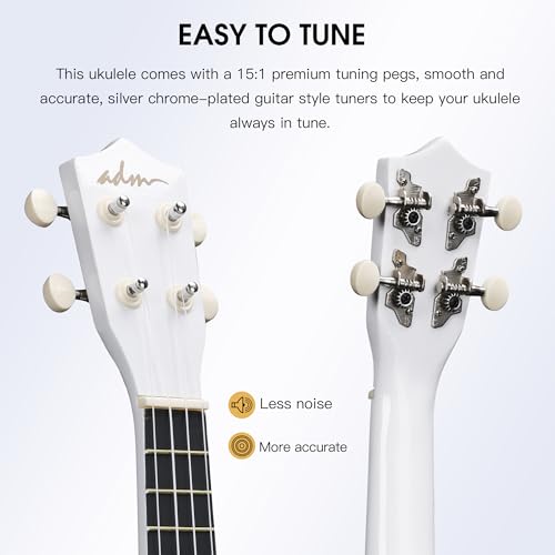 Image of ADM Ukulele for Beginners Hawaiian Wood Ukelele Kit for Kids Adult Student Starter Professional Ukalelee Pack Bundle with Free Lessons Gig Bag Strap Nylon String Tuner (White, 21 Inch)