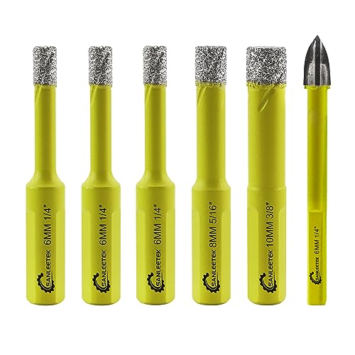 Trocken Diamant Bohrkrone 5 Stücke 6/6/6/8/10mm Fliesenbohrer und 1 Stück 6mm Hartmetall Bohrer mit Dreikant Schaft für Keramik Feinsteinzeug Fliesen Granit Marmor Quarz Steingut SANLEETEK