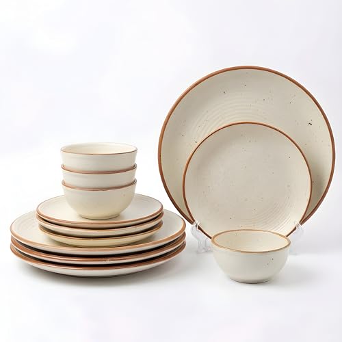 Image of Miah Decor Ceramic Dinner Set - 12-Piece Handmade Stoneware Dining Set | 4 Bowls, 4 Quarter Plates & 4 Dinner Plates | Off White Ribbed Matte Finish | Microwave & Dishwasher Safe | Ideal for Gifting