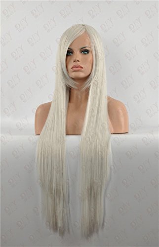THZ Long Straight Women's Heat Resist White Gray Synthetic Fiber Cosplay Full Hair Remy Wigs