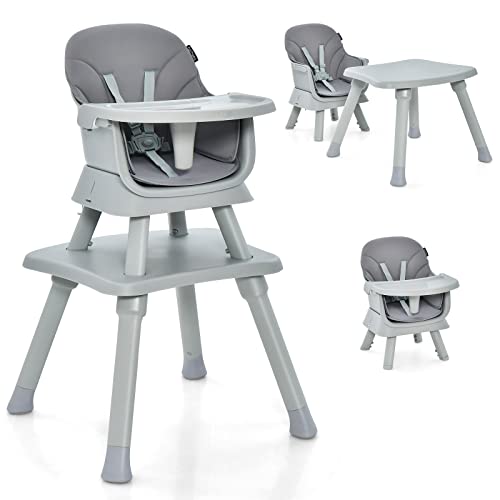 COSTWAY High Chairs for Babies and Toddlers, 6 in 1 Convertible Highchair/Table Chair Set/Building Block Table/Booster Seat/Toddler Chair with Safety Harness, Removable Tray (58x58x98cm, Gray)