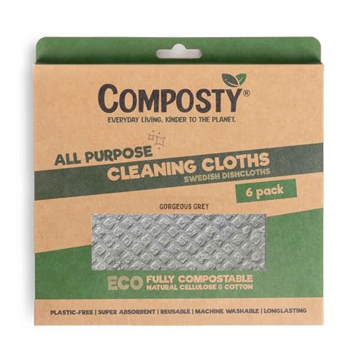 Composty® Paños de Cocina Sueca, compostables, 6 Unidades, ecológicos, Marca británica, Lavable y Reutilizable, de Larga duración, sin plástico, 70% celulosa, 30% algodón