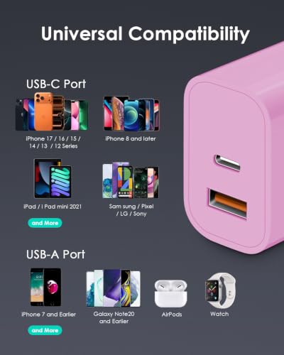 Image of [4 Pack] USB C Charger Block Fast Charging Multiport Adpater [PD 20W USB-C & QC 3.0 USB-A Port] for iPhone 17 /16 /15 /14 /13 /12 /11 /X /9, iPad, Galaxy, Google & More [Pink]