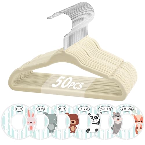 Image of VIS'V Baby Hangers, 11 Inch Velvet Kids Hangers with 6 Pcs Clothes Size Dividers, Infant Toddler Nursery Closet Organization, Non Slip, Beige, 50 Pcs
