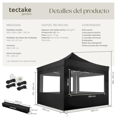 tectake® Carpa Plegable, Estructura Robusta, Impermeable, Cenador con Ventanas, Pergolas de Jardin, Toldo Camping, Playa, Exterior, Carpas Impermeables, Cenadores para Jardin - 3x3 m Negro - imagen 6