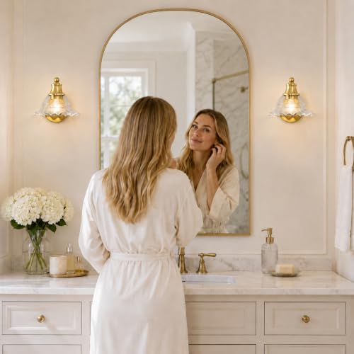 Image of Bright Brushed Gold Bathroom Wall Sconce Vintage Style, E26 Easy Mounted | Vanity Light with Flower Glass Shade, Bathroom Wall Lighting Fixture Beside Mirror, Easy Mounted for Bedroom, Hallway