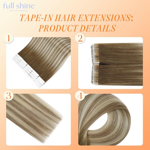Image of Full Shine Injected Tape in Hair Extensions Human Hair, 3 /8 /22 Medium Brown Caramel Blonde Balayage, 14 Inch, 40g, 20 Pcs, Seamless Injection Tape in Extensions, Soft Glam, Clean Girl