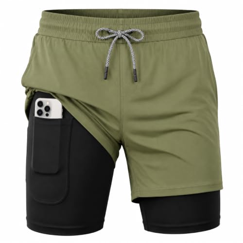 MANLUODANNI Herren Running Shorts 2 in 1 Shorts Men Laufshorts Fitness Sporthose Kurz Jogginghose Schnelltrocknende Laufhose mit Taschen Reißverschlussfach Armeegrün 2XL