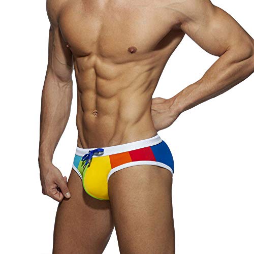 Mens Rainbow Swimsuit Briefs Padded Swimwear Male Sexy Swimming Board Beach Surfing Swim (Blue,Tag XL (US L))