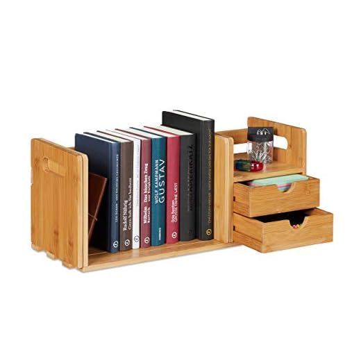 relaxdays Organizador de Escritorio, Dos cajones, Librería extraíble, Cajonera, Bambú, Marrón, 21 x 80,5 x 19 cm