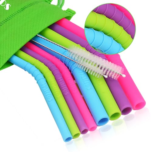 Walfos Reusable Silicone Straw - 2 Size Flexible Drinking Bendy Straws for Smoothies/20 & 30 oz Tumblers, BPA Free (4 Wide Straws + 4 Regular Straw + 2 Cleaning Brushes Excluding storage bag）