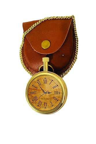 M.A & SONS Personalized Open Face Brass Pocket Watch | Custom Engraved Dial & Back | Chain with Leather Case & Wooden Gift Box | Vintage Gift for Men & Women