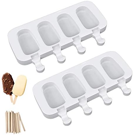 Ouddy Life Popsicle Molds Set of 2, Ice Pop Molds Silicone 4 Cavities Ice Cream Mold Oval Cake Pop Mold with 50 Wooden Sticks for DIY Popsicle, Clear