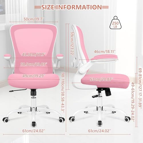 Ergonomic Adjustable Lumbar Support Office Chair with Flip-up Armrest, Breathable Mesh Gaming Chair, Pink